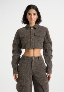 Catherine - Cropped Boucle Denim Jacket - Brown