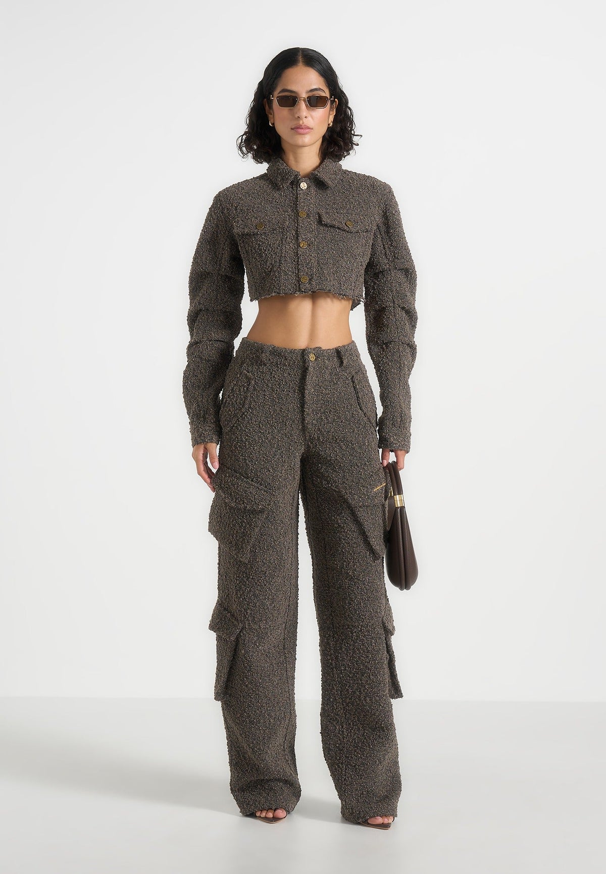 Catherine - Cropped Boucle Denim Jacket - Brown