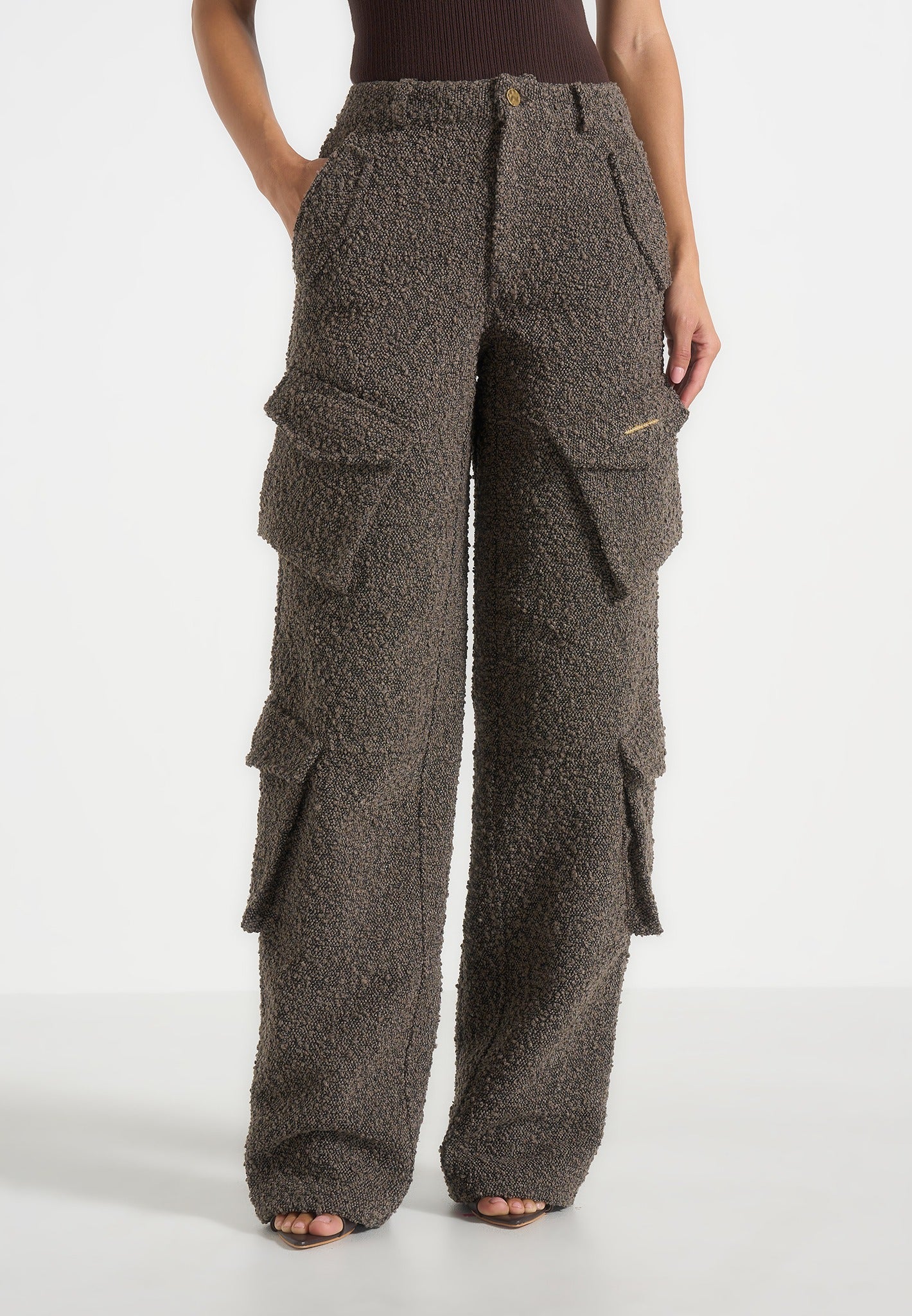 Anne - High Waisted Boucle Denim Cargo Pants - Brown 