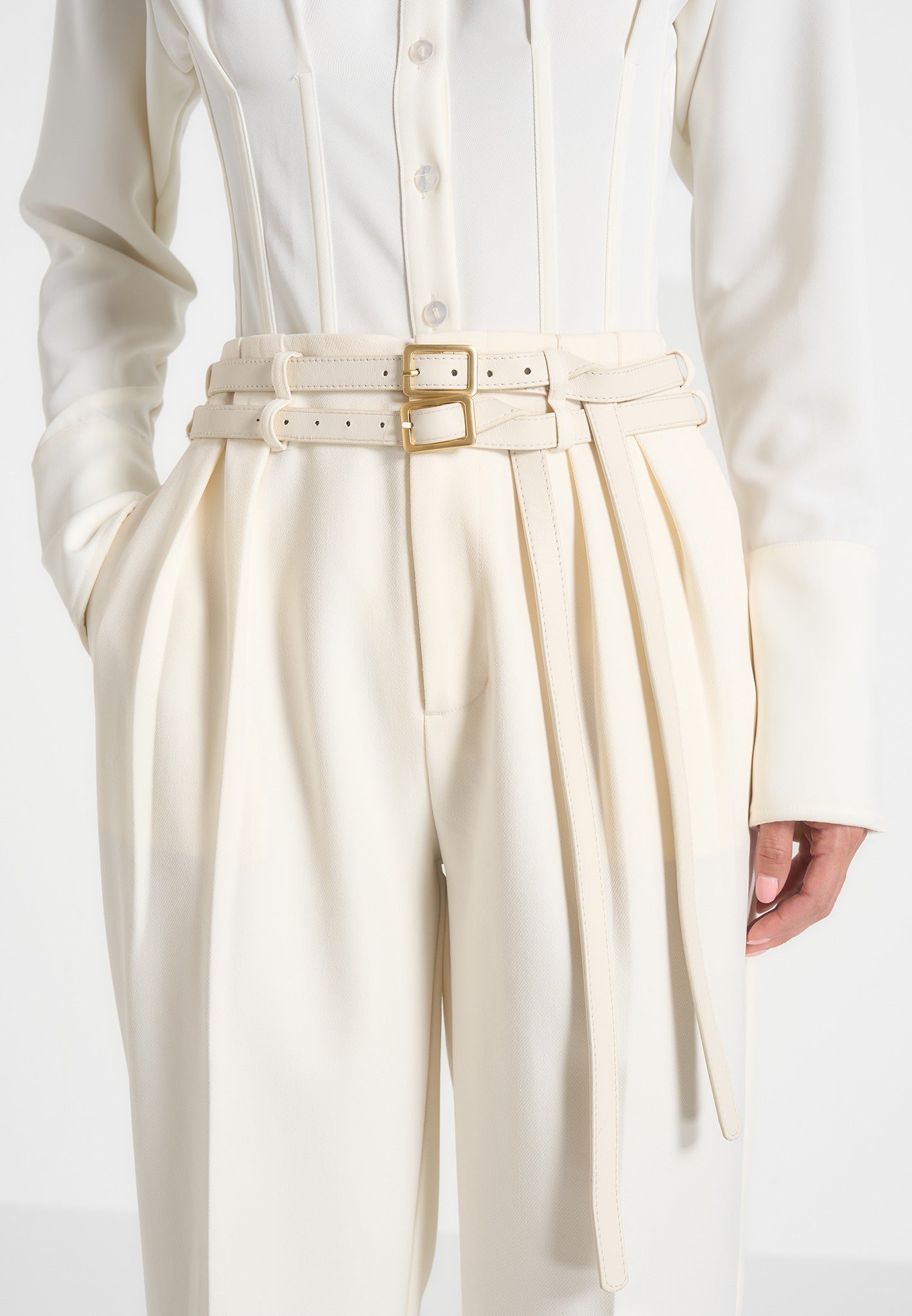 Pascale - Tailored Twin Belt Pants - Off White