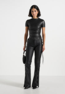 Leather Ruched T-Shirt - Black