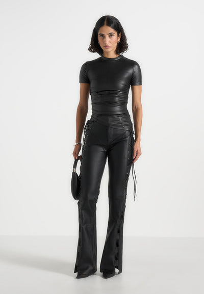 Leather Ruched T-Shirt - Black