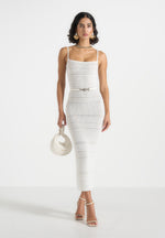 Danika - Metallic Knit Belted Midi Dress - White