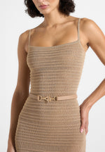 Danika - Metallic Rib Knit Belted Midi Dress - Gold