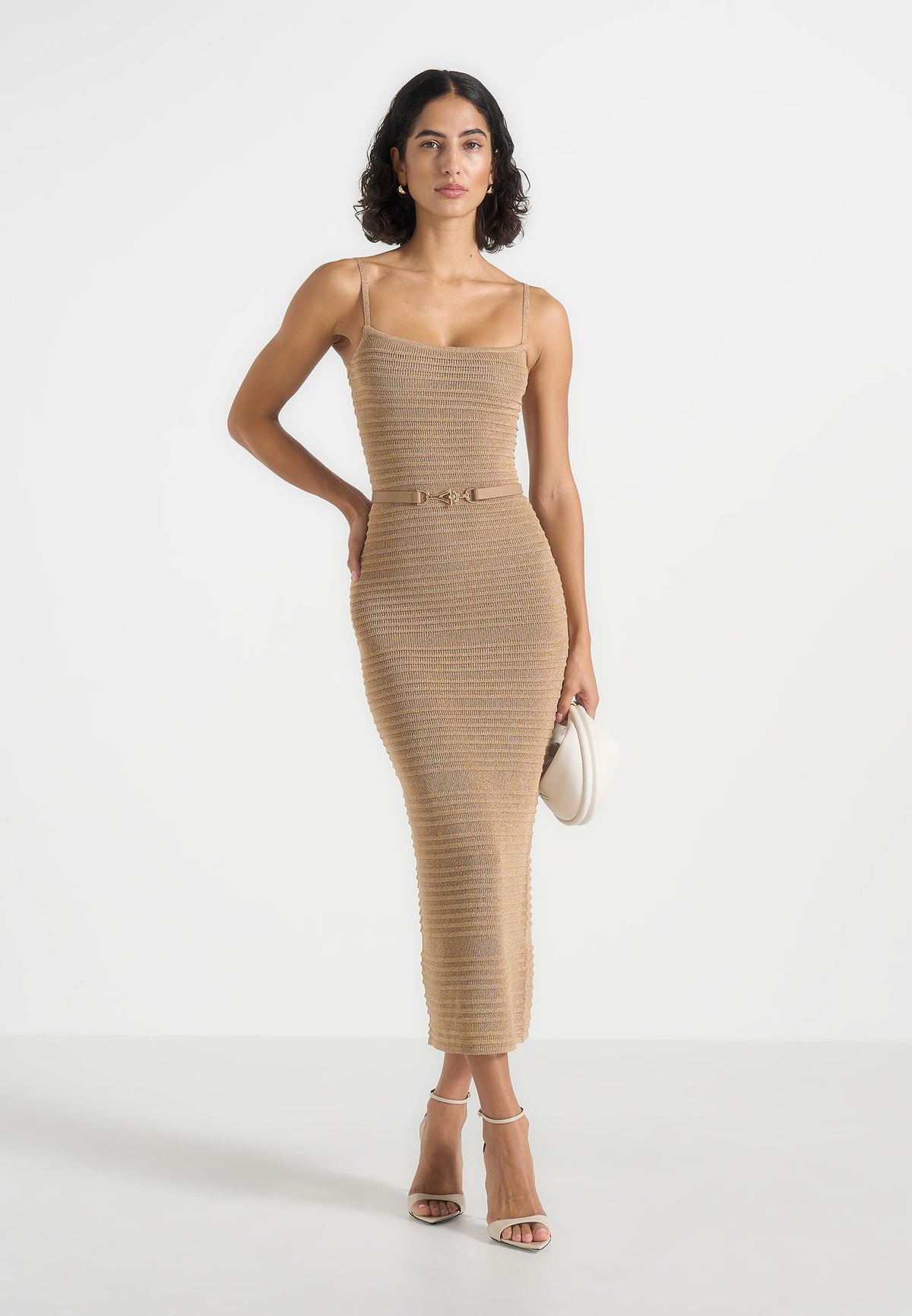 Danika - Metallic Rib Knit Belted Midi Dress - Gold