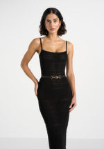 Danika - Metallic Rib Knit Belted Midi Dress - Black