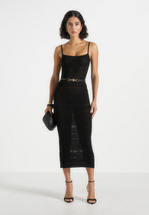 Danika - Metallic Rib Knit Belted Midi Dress - Black