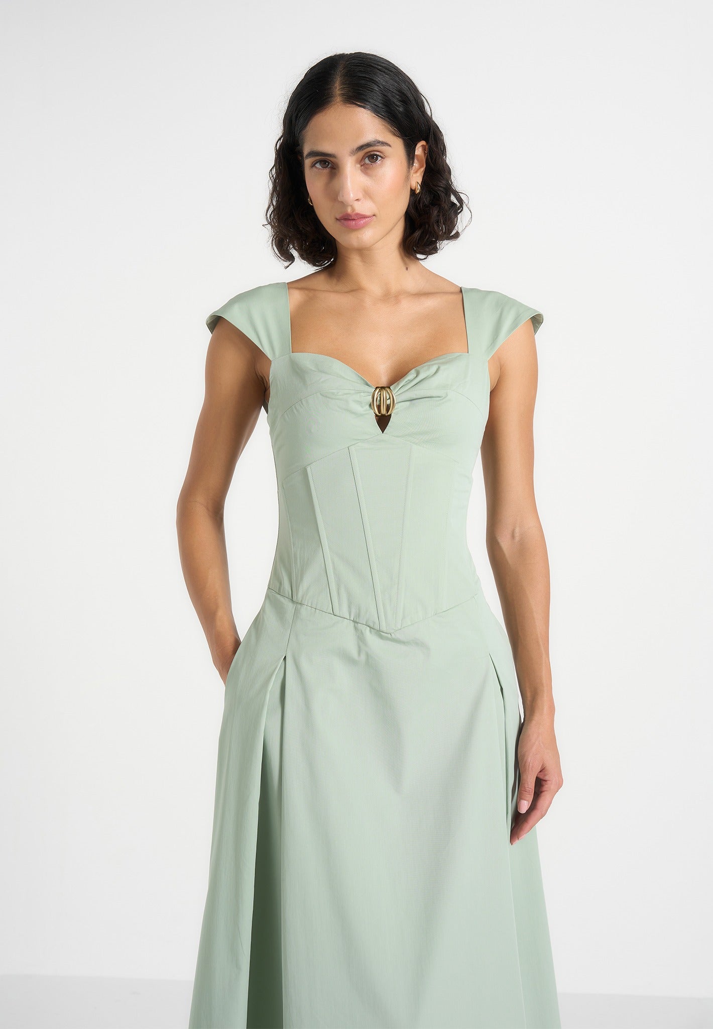 Faith - Cap Sleeve Corset Cotton Midi Dress - Sage