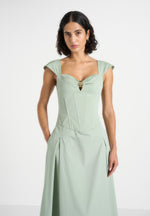 Faith - Cap Sleeve Corset Cotton Midi Dress - Sage