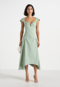Faith - Cap Sleeve Corset Cotton Midi Dress - Sage