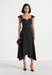 Faith - Cap Sleeve Corset Cotton Midi Dress - Black