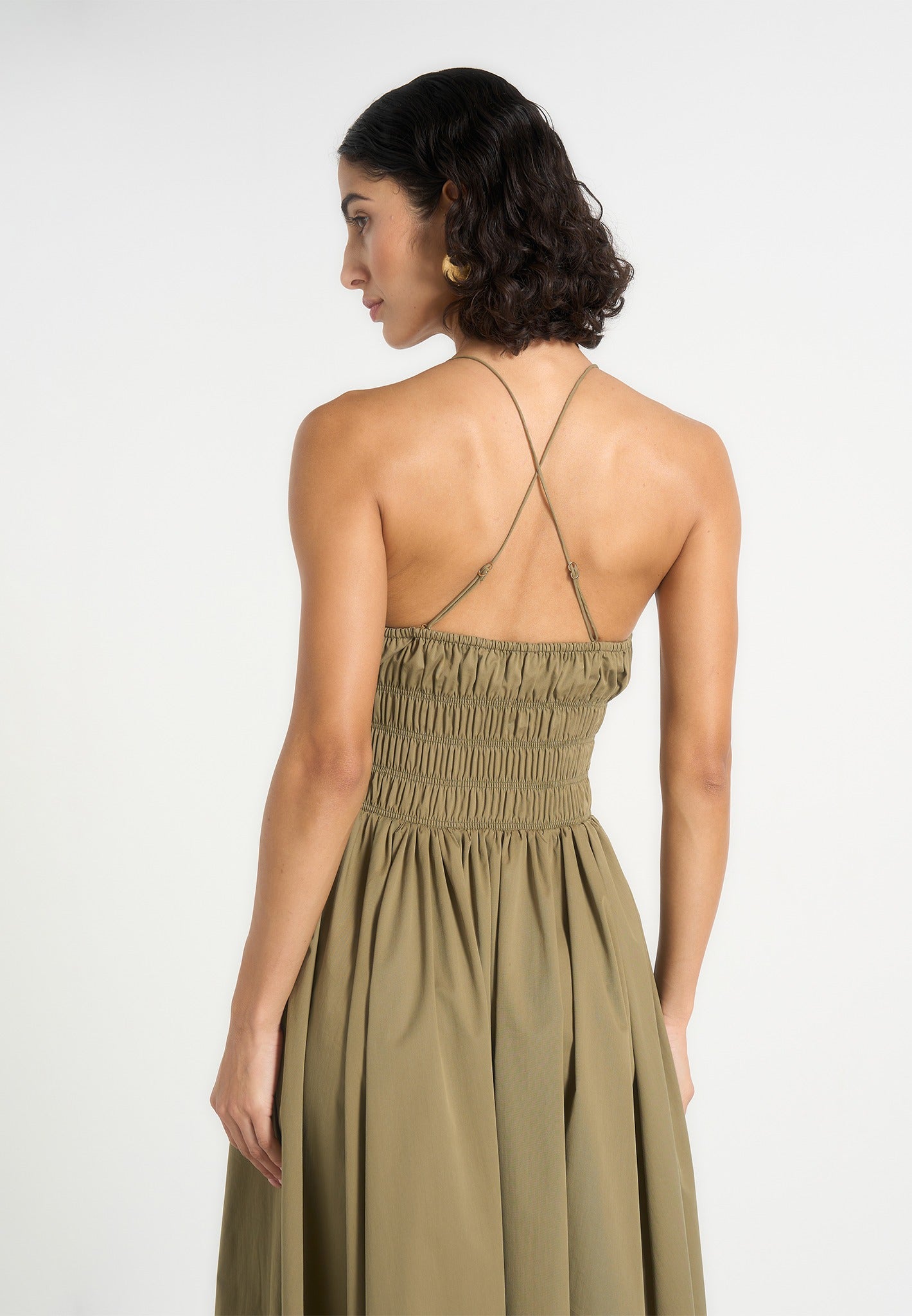 Elva - Smocked Waist Cotton Maxi Dress - Khaki 