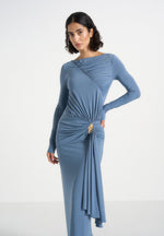 Edena - Asym Ruched Draped Maxi Dress - Blue