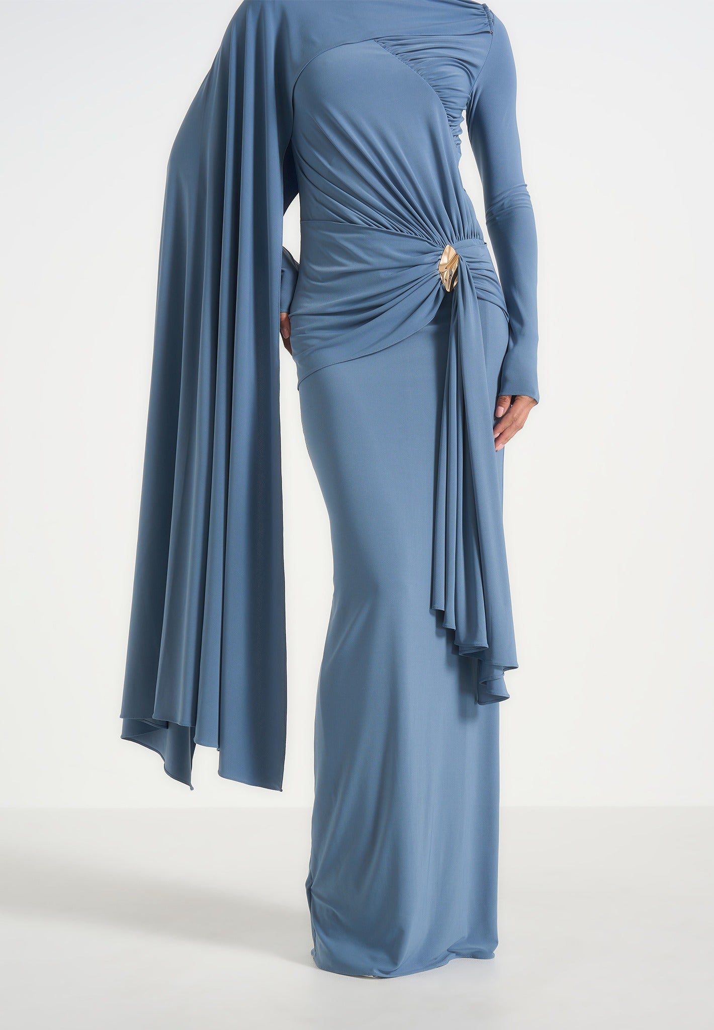 Edena - Asym Ruched Draped Maxi Dress - Blue