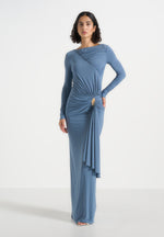 Edena - Asym Ruched Draped Maxi Dress - Blue