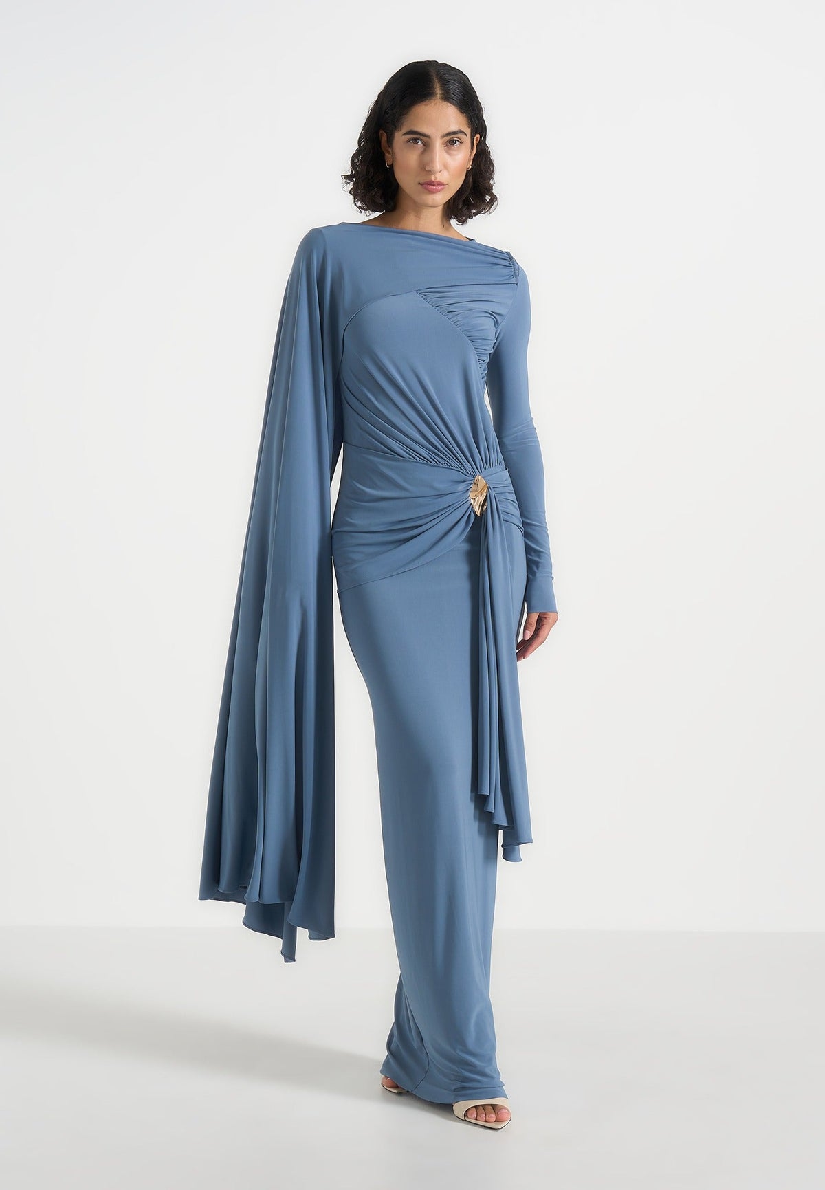 Edena - Asym Ruched Draped Maxi Dress - Blue