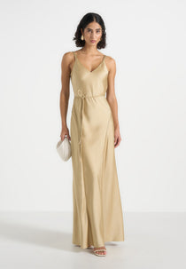 Saffron - Satin Belted Maxi Dress - Gold