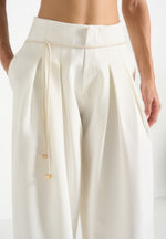 Flora - Box Pleat Wide Leg Belted Pants - White