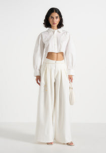Flora - Box Pleat Wide Leg Belted Pants - White