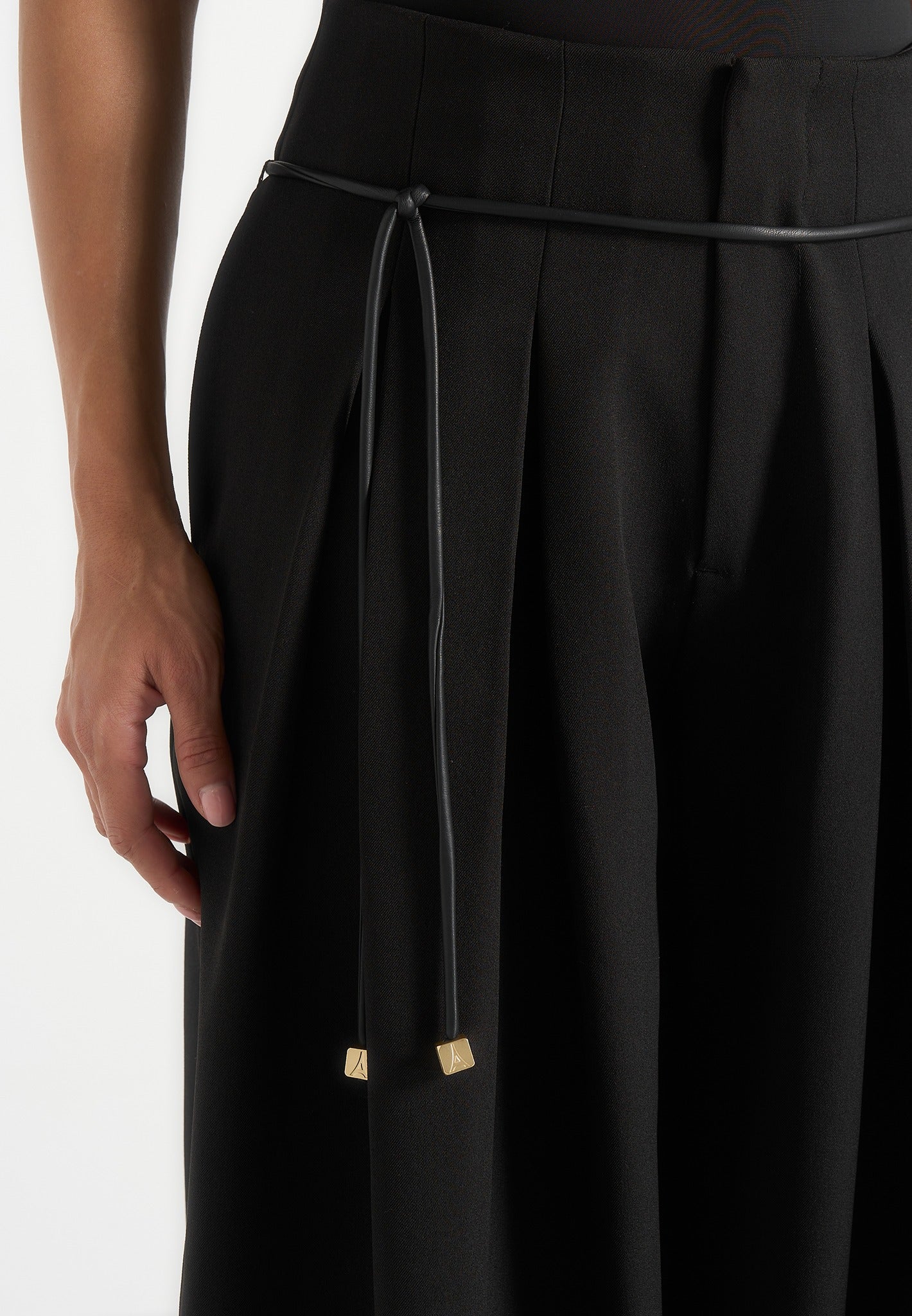 Flora - Box Pleat Wide Leg Belted Pants - Black