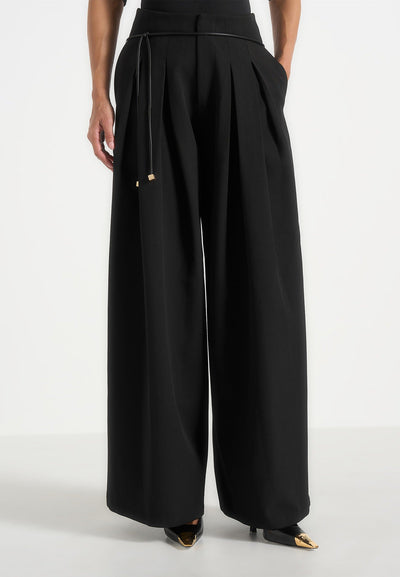 Flora - Box Pleat Wide Leg Belted Pants - Black