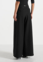 Flora - Box Pleat Wide Leg Belted Pants - Black