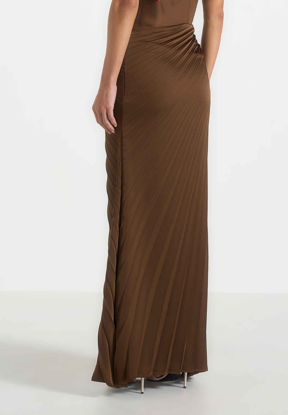 Fiona - Satin Fan Pleat Maxi Skirt - Brown