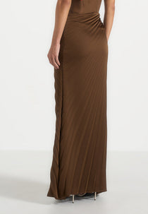 Fiona - Satin Fan Pleat Maxi Skirt - Brown