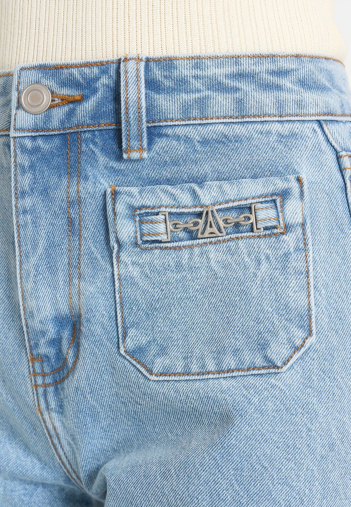 Frida - Eiffel Detail Straight Leg Denim Jeans - Mid Blue