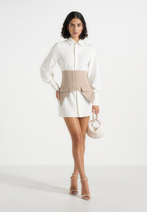 Keira - Corset Overlay Shirt Mini Dress - White/Taupe
