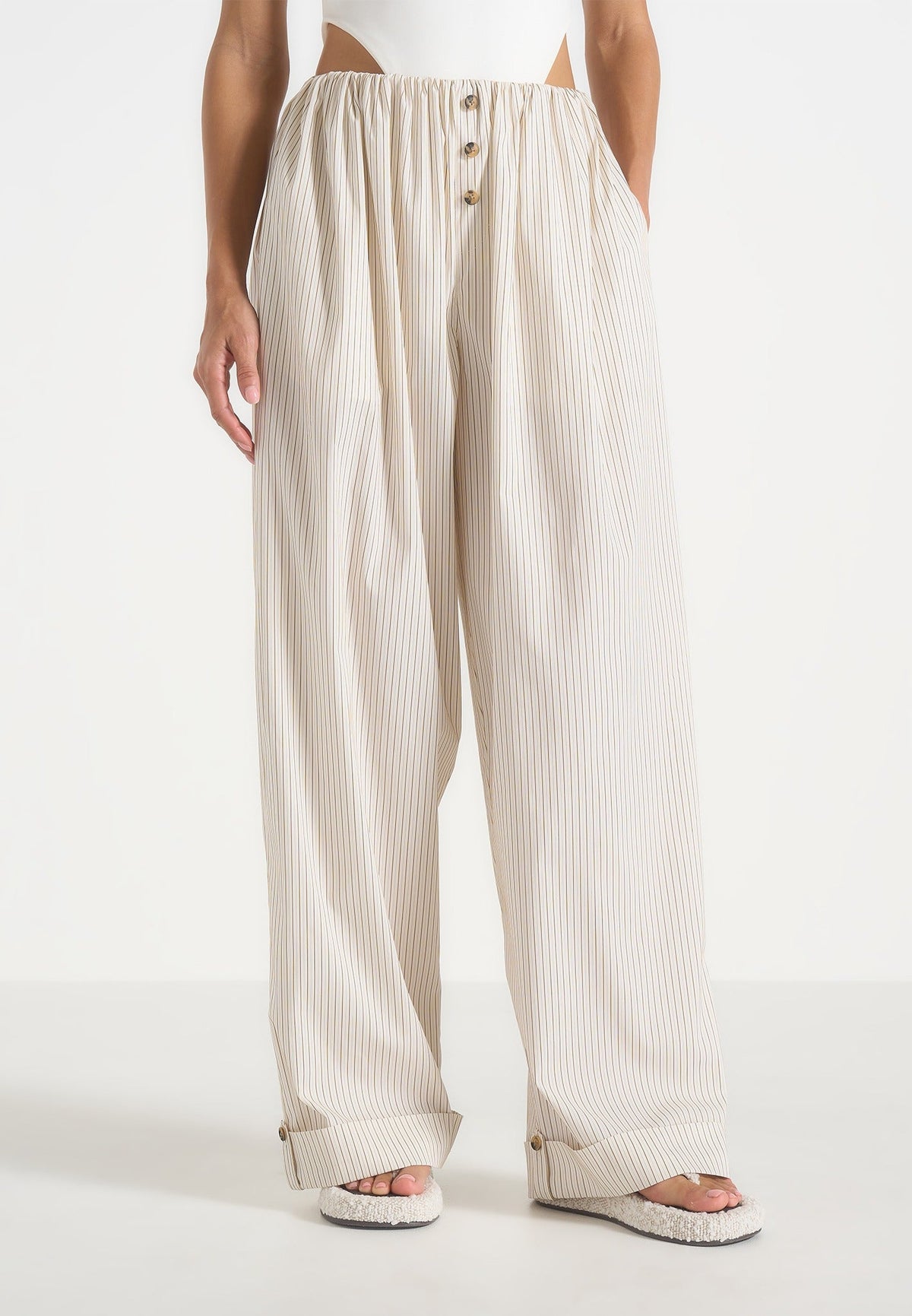 Ivanna - Elasticated Wide Leg Striped Cotton Pants - Cream