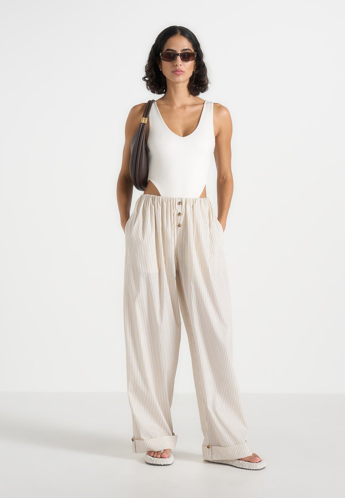 Ivanna - Elasticated Wide Leg Striped Cotton Pants - Cream