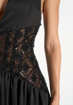 Ava - Halterneck Embellished Corset Gathered Maxi Dress - Black