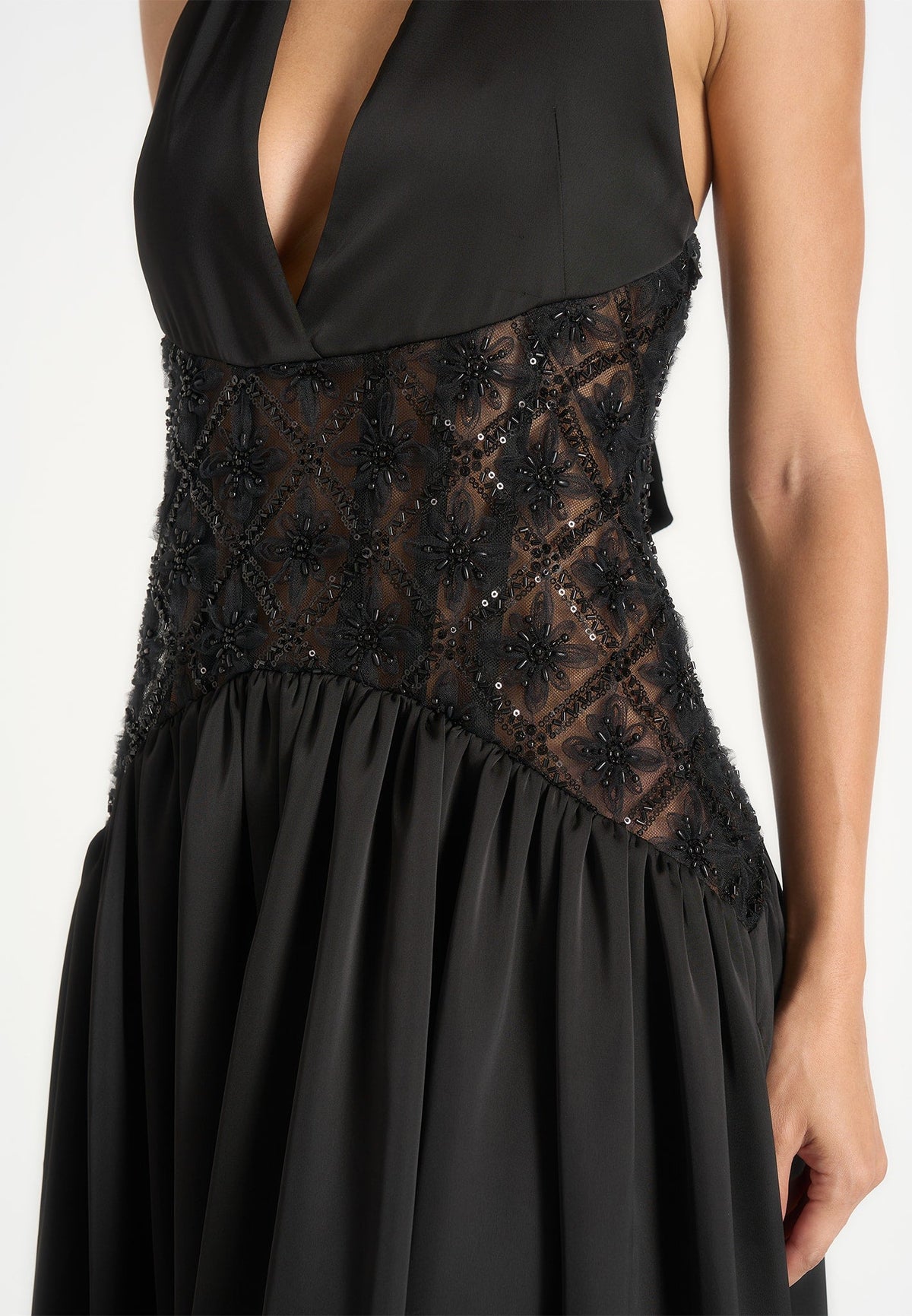 Ava - Halterneck Embellished Corset Gathered Maxi Dress - Black