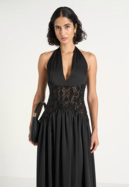 Ava - Halter Embellished Corset Gathered Maxi Dress - Black