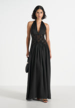 Ava - Halterneck Embellished Corset Gathered Maxi Dress - Black