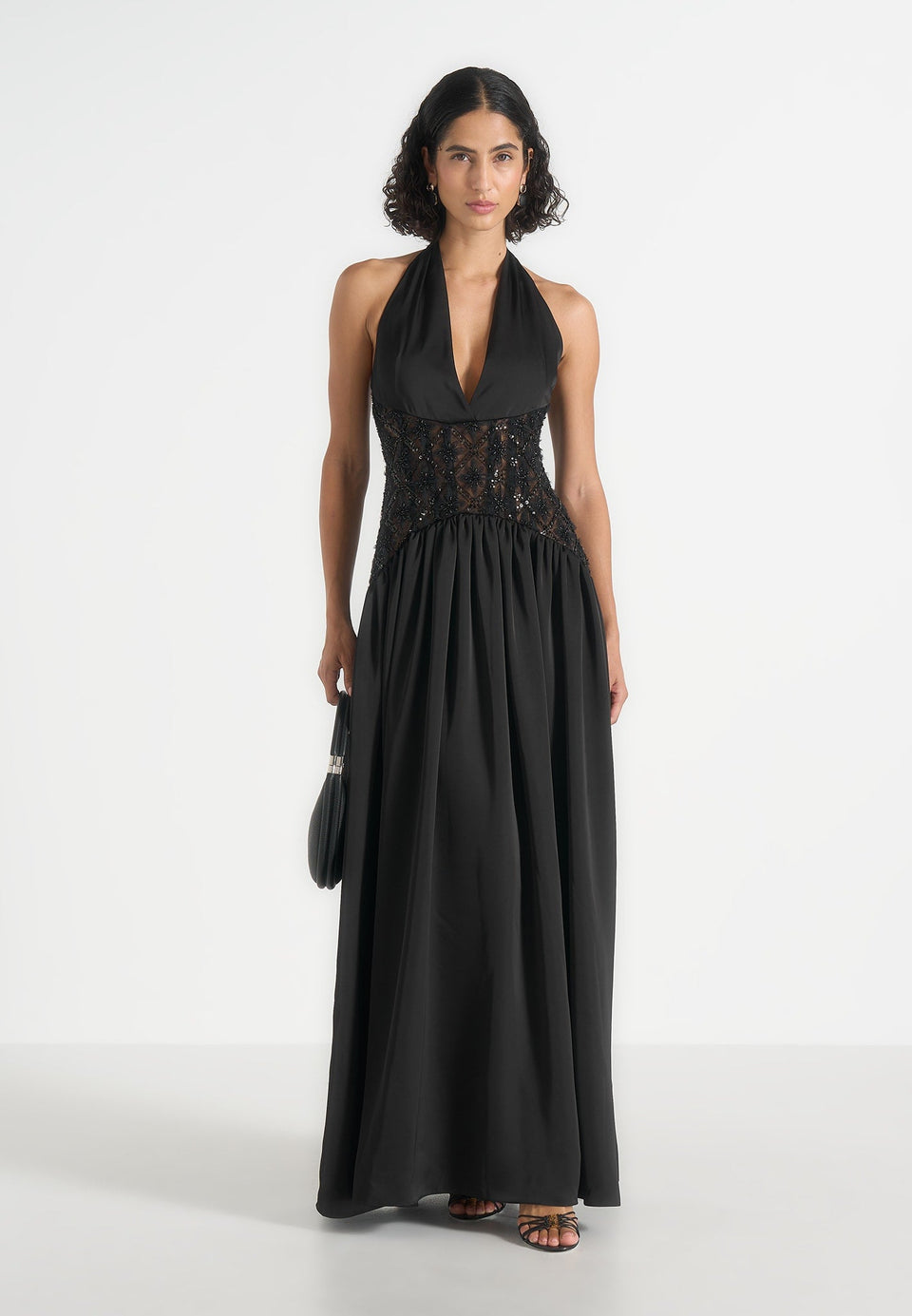 Ava - Halterneck Embellished Corset Gathered Maxi Dress - Black
