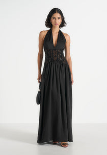 Ava - Halterneck Embellished Corset Gathered Maxi Dress - Black
