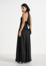 Ava - Halterneck Embellished Corset Gathered Maxi Dress - Black