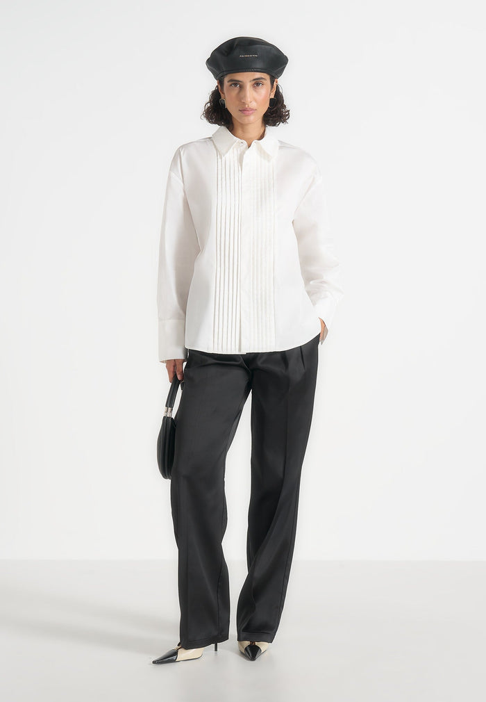 Hope - Pleated Tuxedo Cotton Shirt with Cinch Back - White