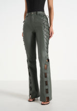 Ambre - Leather Lace Up Flared Pants - Olive