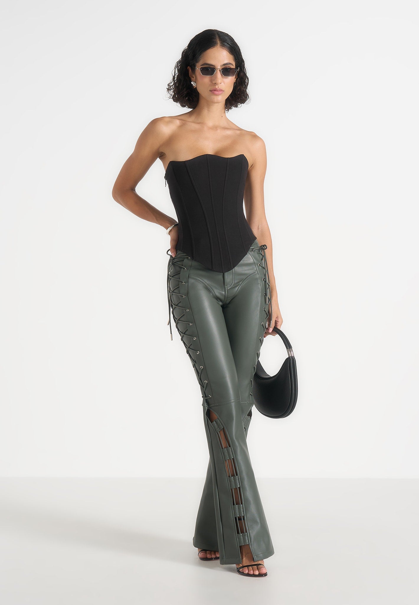 Ambre - Leather Lace Up Flared Pants - Olive