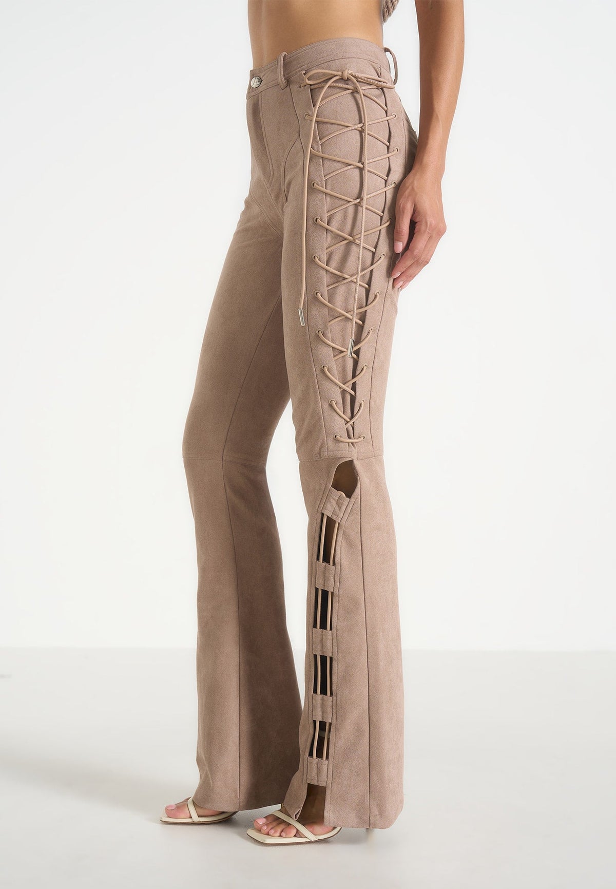 Ambre - Suede Lace Up Flared Pants - Taupe