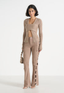 Ambre - Suede Lace Up Flared Pants - Taupe
