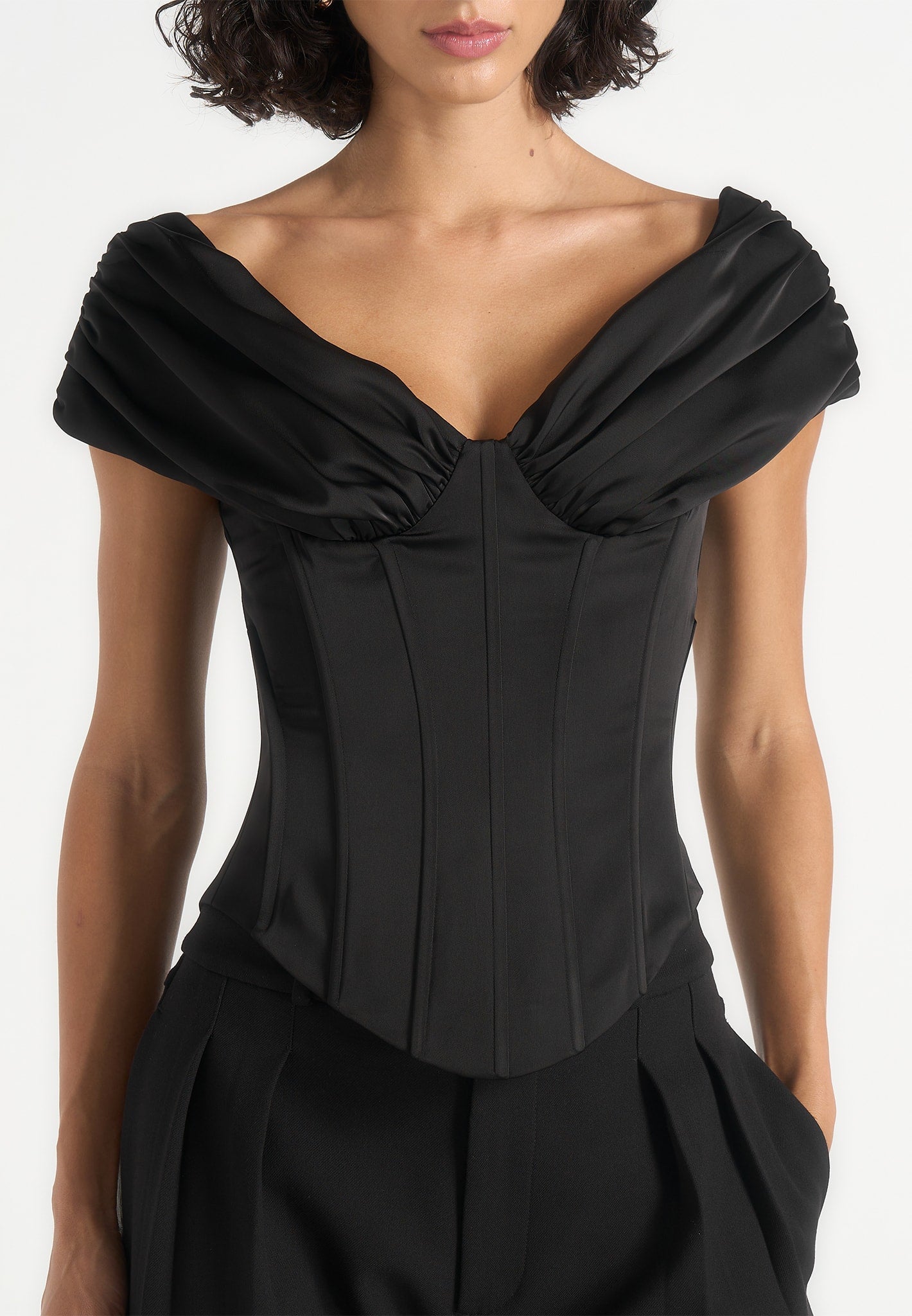 Ursula - Off-Shoulder Pleated Corset Top - Black