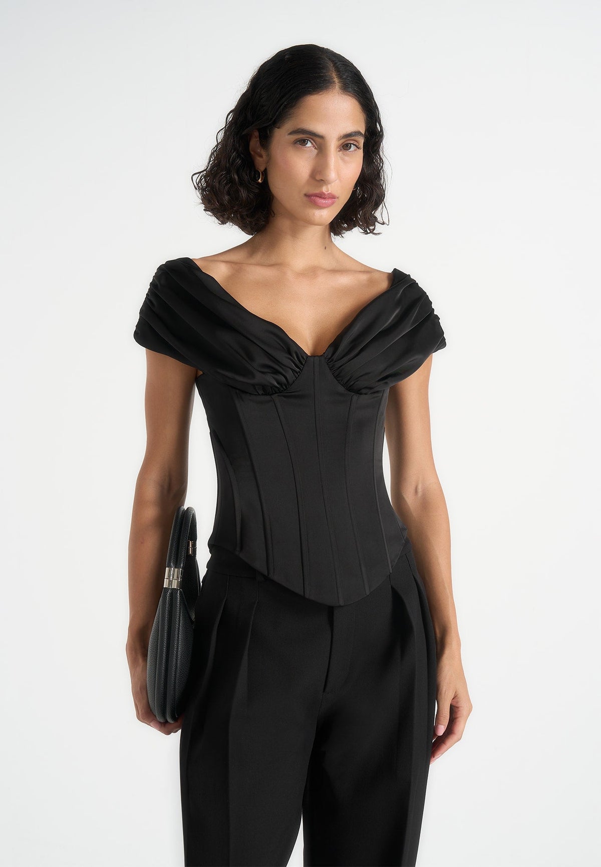 Ursula - Off-Shoulder Pleated Corset Top - Black