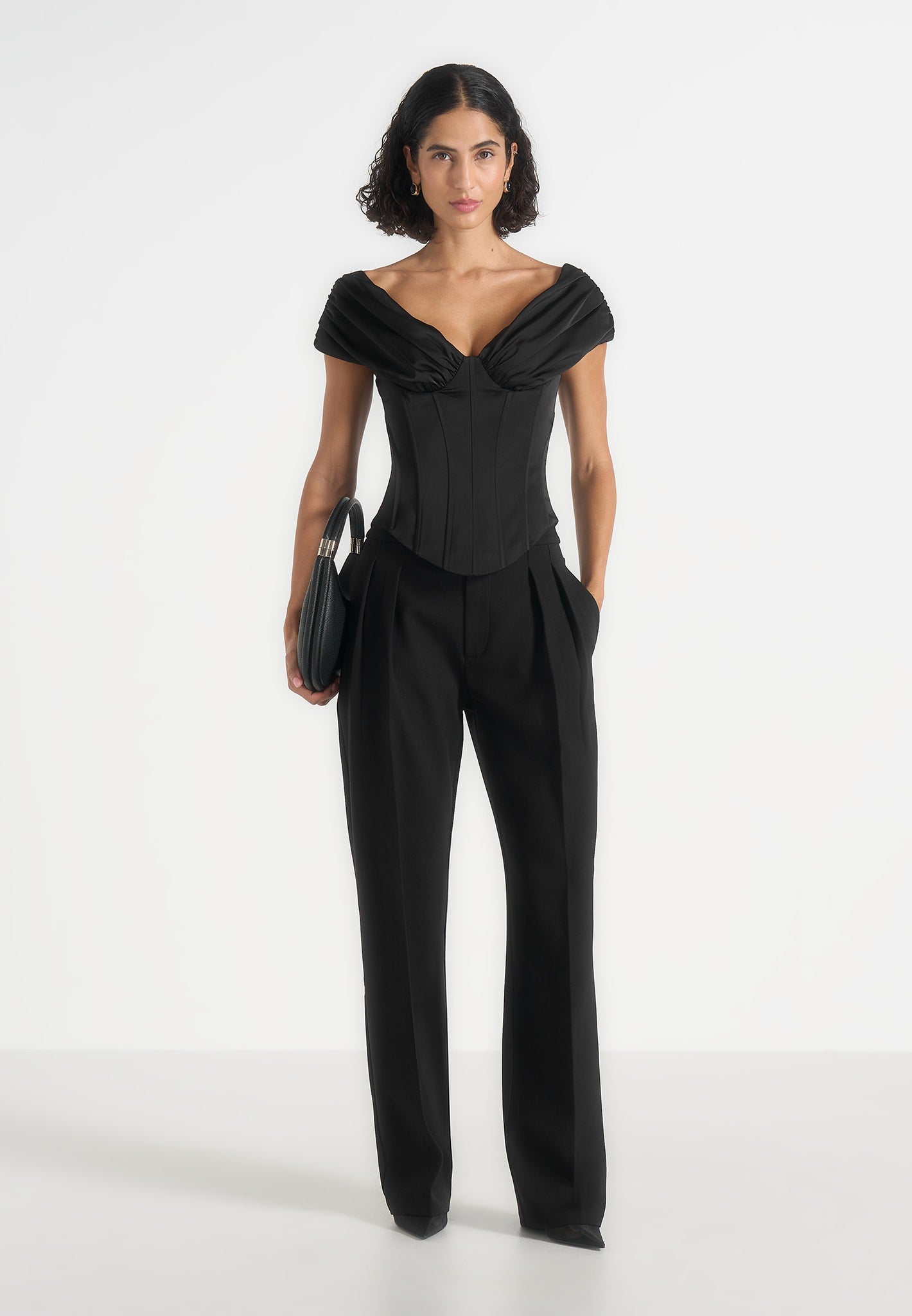 Ursula - Off-Shoulder Pleated Corset Top - Black