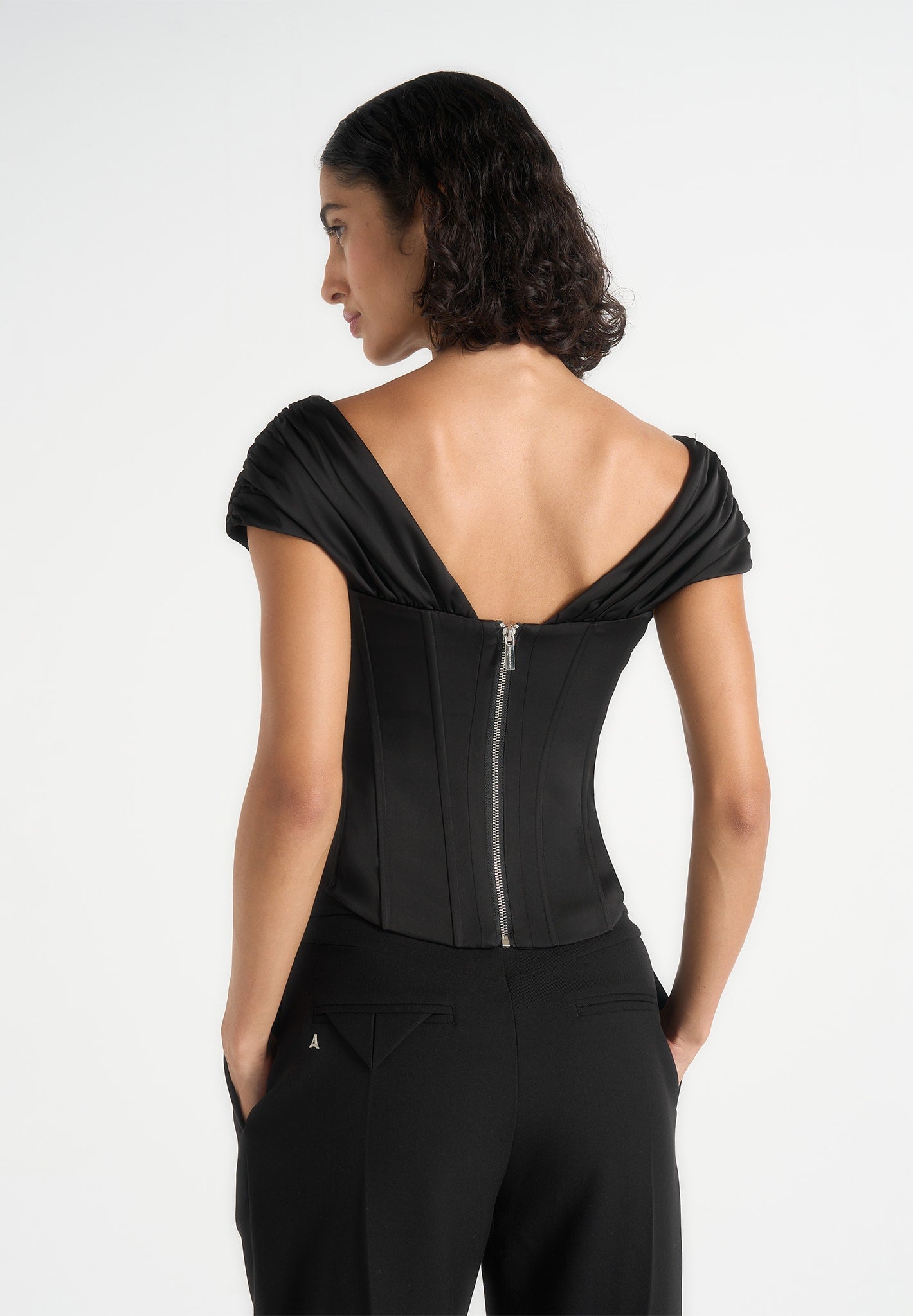 Ursula - Off-Shoulder Pleated Corset Top - Black