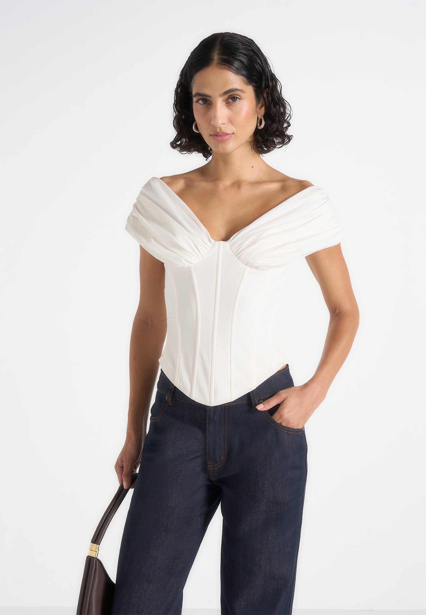 Ursula - Off-Shoulder Pleated Cotton Corset Top - White