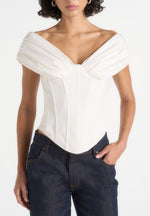 Ursula - Off-Shoulder Pleated Cotton Corset Top - White